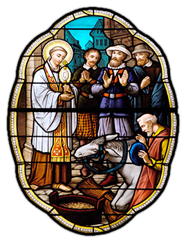 St Anthony and mule Stained glass